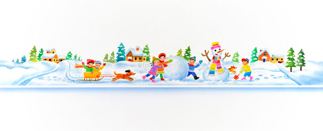 そりや雪で遊んでいる子供達のいるパノラマ の写真素材 イラスト素材 アマナイメージズ