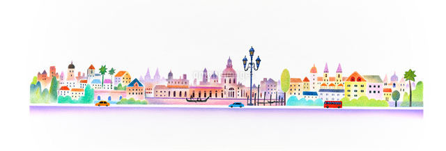 川と船と街灯のある町並みのパノラマ の写真素材 イラスト素材 アマナイメージズ