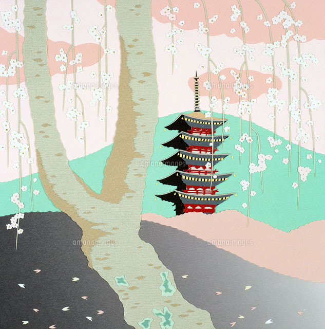 切り絵 4月 枝垂桜と山と五重塔[02237007115]の写真・イラスト素材