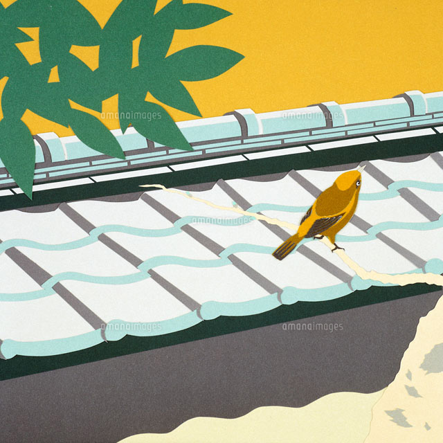 切り絵 屋根と鳥 の写真素材 イラスト素材 アマナイメージズ