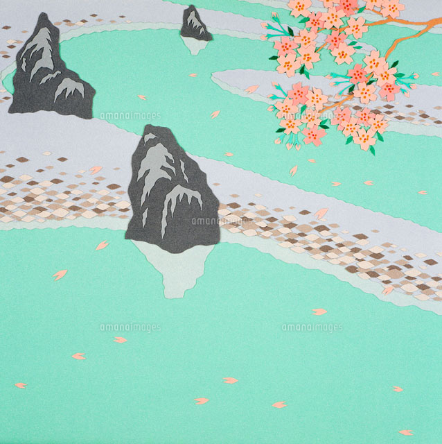 切り絵 春 水面に出た石とサクラの庭[02237007189]の写真・イラスト