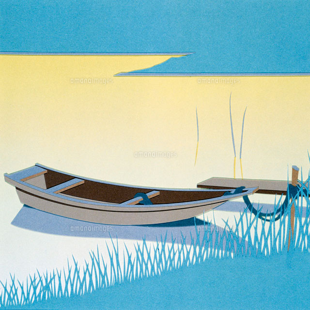 切り絵 湖風景 浮舟とアシのシルエット[02237007271]の写真・イラスト