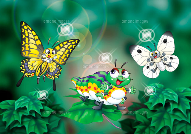 木の葉に乗って飛ぶいも虫 見ている蝶達 の写真素材 イラスト素材 アマナイメージズ