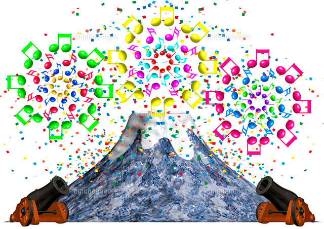 富士山から飛び出す音符の花火[02237007599]の写真・イラスト素材