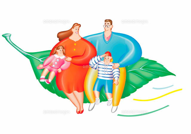 大きい葉っぱで風に乗っているファミリー の写真素材 イラスト素材 アマナイメージズ