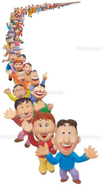 手を広げる青い服の男性を先頭とした行列 の写真素材 イラスト素材 アマナイメージズ