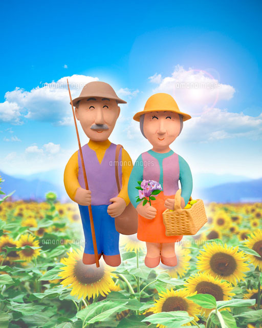 青空とひまわりの背景 熟年夫婦 の写真素材 イラスト素材 アマナイメージズ
