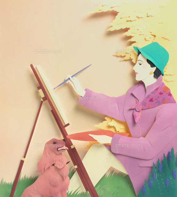 青い帽子をかぶり絵を描く女性 の写真素材 イラスト素材 アマナイメージズ