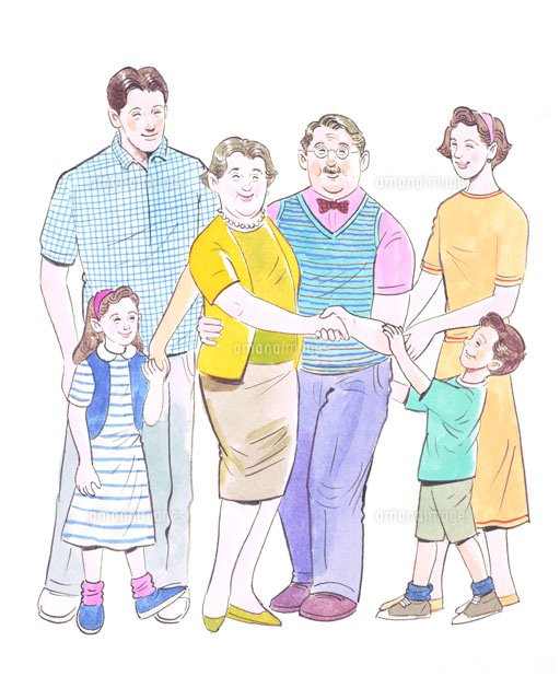 手を繋ぐ熟年夫婦を囲む家族 の写真素材 イラスト素材 アマナイメージズ