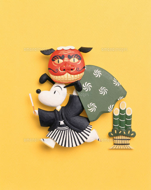 獅子舞を持った犬と門松 の写真素材 イラスト素材 アマナイメージズ