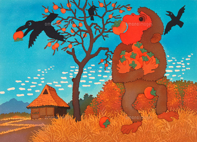 柿を持ち帰る欲張りなサル ロウケツ染め の写真素材 イラスト素材 アマナイメージズ