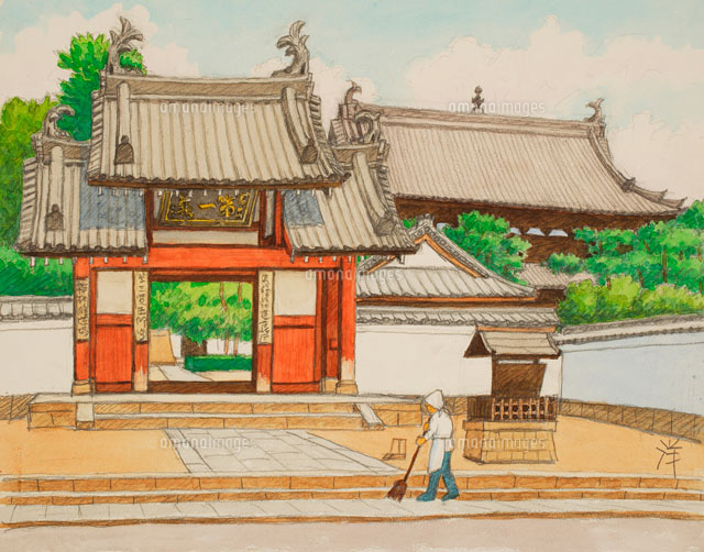水彩「京の四季」 万福寺 宇治市[02237009393]の写真・イラスト素材