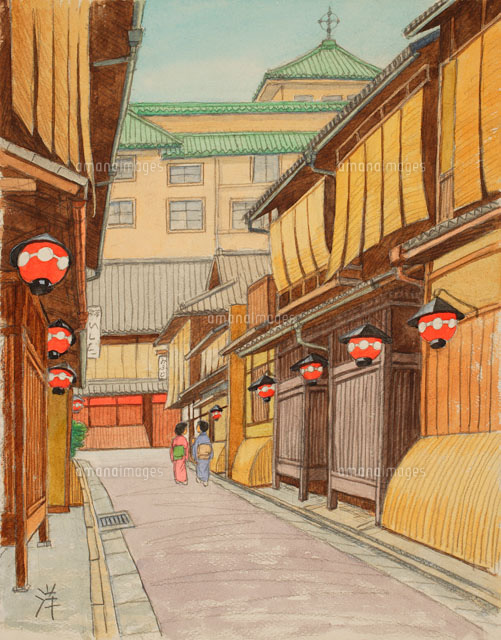 水彩「京の四季」 祇園の小路 東山[02237009399]の写真・イラスト素材