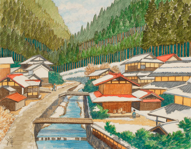 水彩 京の四季 北山杉の郷 周山街道 の写真素材 イラスト素材 アマナイメージズ
