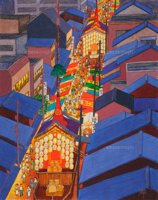 水彩「京の四季」 祇園祭 宵山 中京[02237009410]の写真・イラスト素材
