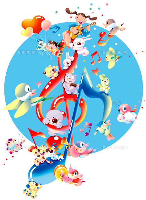 音符の周りで演奏する女の子と動物達 の写真素材 イラスト素材 アマナイメージズ