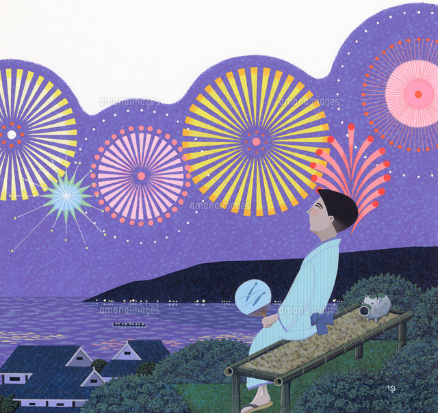 夜空いっぱいの打ち上げ花火と浴衣の人[02237009490]の写真・イラスト