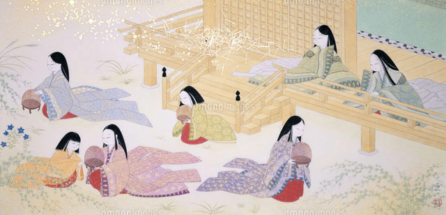 一点物　源氏絵巻風着物 平安時代源氏物語絵巻着物の少女を見舞男性[02237009696]の写真
