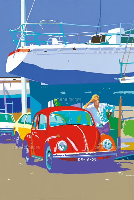 船の前の赤い車と男性 の写真素材 イラスト素材 アマナイメージズ