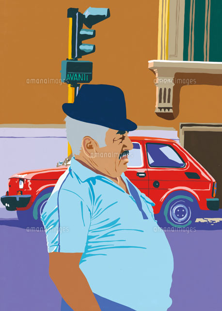 帽子を被っている男性と赤い車 の写真素材 イラスト素材 アマナイメージズ