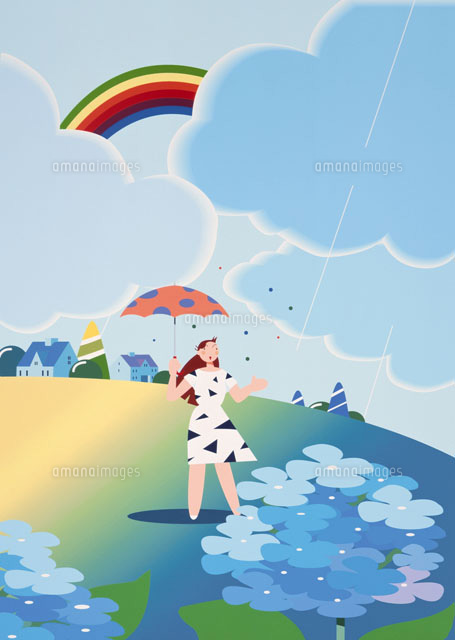 雨の中傘をさす女性とアジサイと虹 の写真素材 イラスト素材 アマナイメージズ