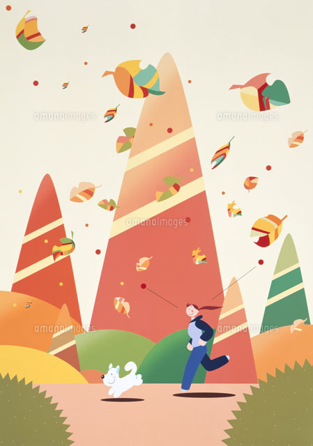 秋の山道をジョギングする女性と犬 の写真素材 イラスト素材 アマナイメージズ