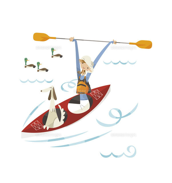 カヌーを楽しむ女性と犬 の写真素材 イラスト素材 アマナイメージズ