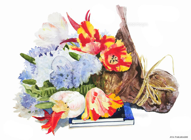 水彩画 チューリップとヒヤシンスの花束 の写真素材 イラスト素材 アマナイメージズ
