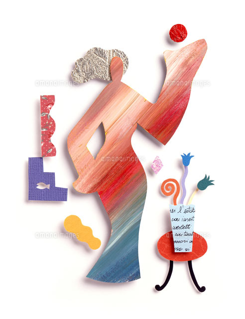 片手に赤丸を持つ縞女性と花 の写真素材 イラスト素材 アマナイメージズ