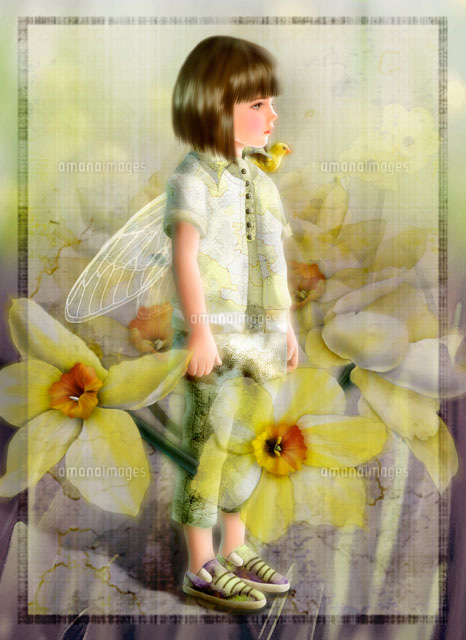 肩に小鳥が止まる水仙の花の中の妖精 の写真素材 イラスト素材 アマナイメージズ