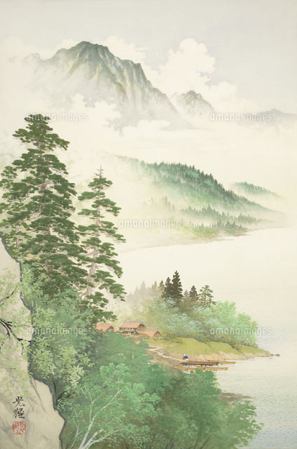 四季の山水画 夏の山嶺と白雲 7/8月[02237011801]の写真・イラスト素材