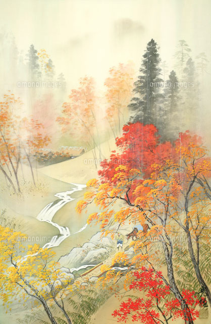 四季の山水画 紅葉と秋雨 9/10月[02237011809]の写真・イラスト