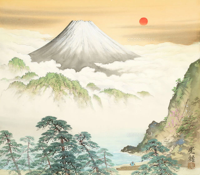 四季の山水画 早春の芝刈人 2月[02237011980]の写真・イラスト素材