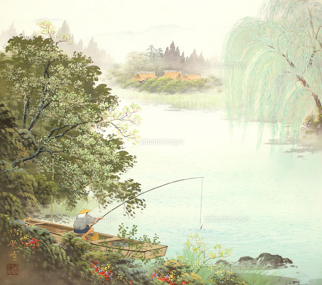水墨画 山水風景 釣り人 四季の山水画 釣り人と柳 4月[02237011826]の写真・イラスト素材