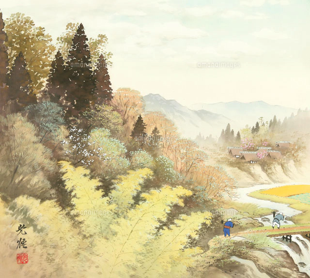 四季の山水画 日本の四季 集落の桜 3/4月[02237011929]の写真