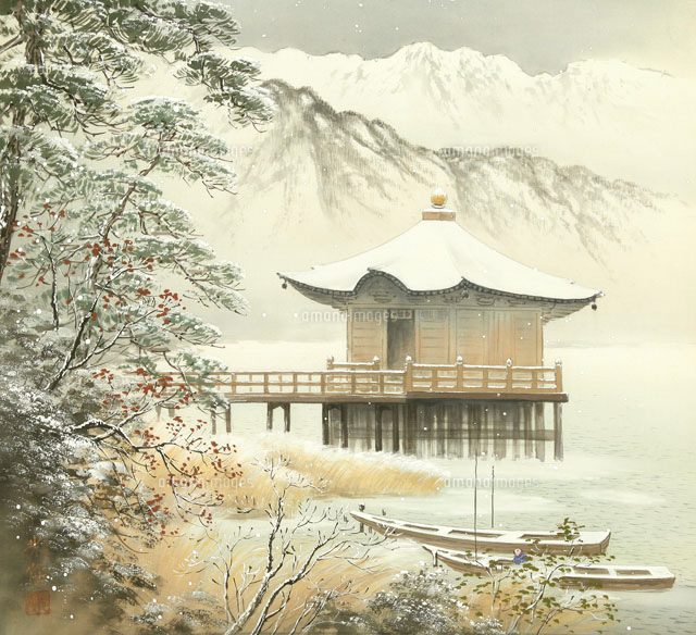 四季の山水画 湖の冬景色 12月[02237011846]の写真・イラスト素材