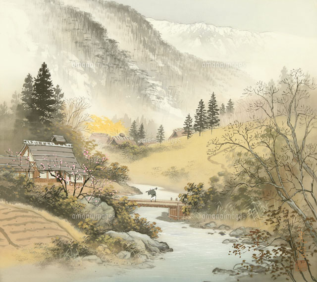 四季の山水画 梅と小川 2月[02237011848]の写真・イラスト素材