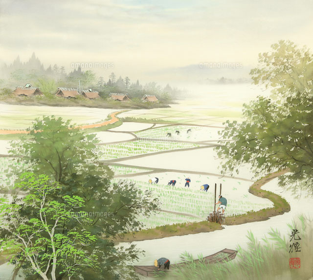 四季の山水画 田植え 6月[02237011852]の写真・イラスト素材｜アマナ