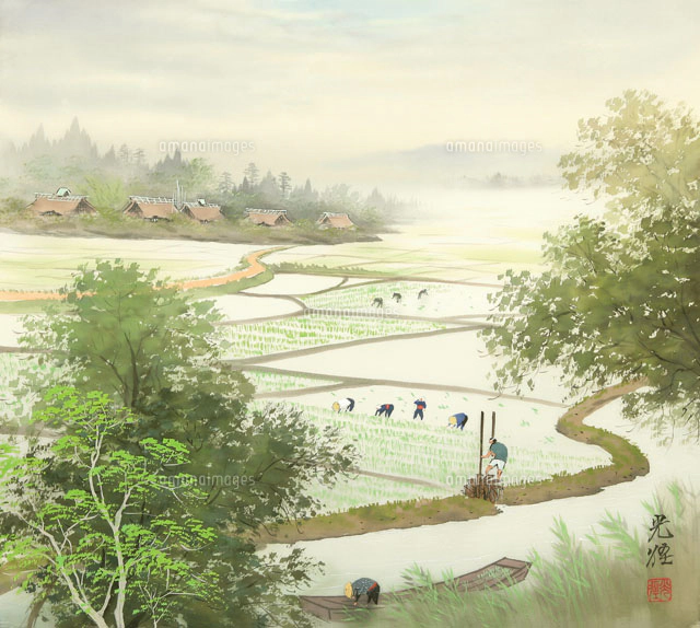 四季の山水画 秋雨と紅葉 9/10月[02237011899]の写真・イラスト