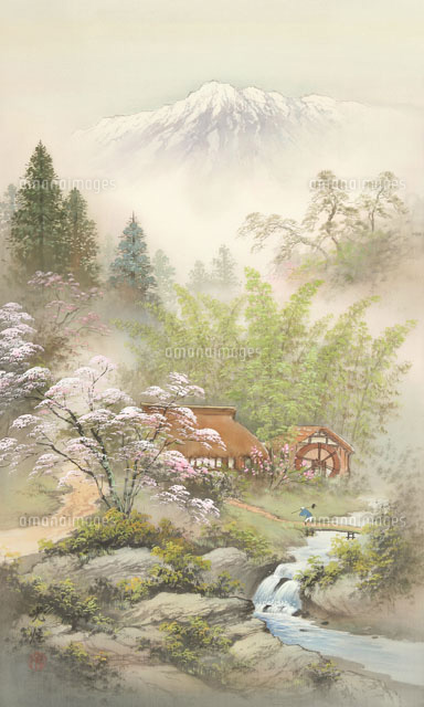 四季の山水画 桜に銀嶺遠望 3/4月[02237011889]の写真・イラスト