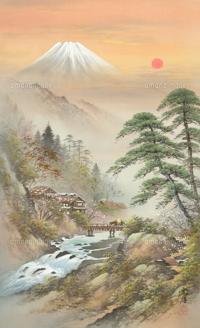 四季の山水画 梅に日の出富士 1/2月[02237011895]の写真