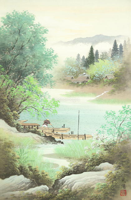 四季の山水画 新緑と舟 5/6月[02237011937]の写真・イラスト素材