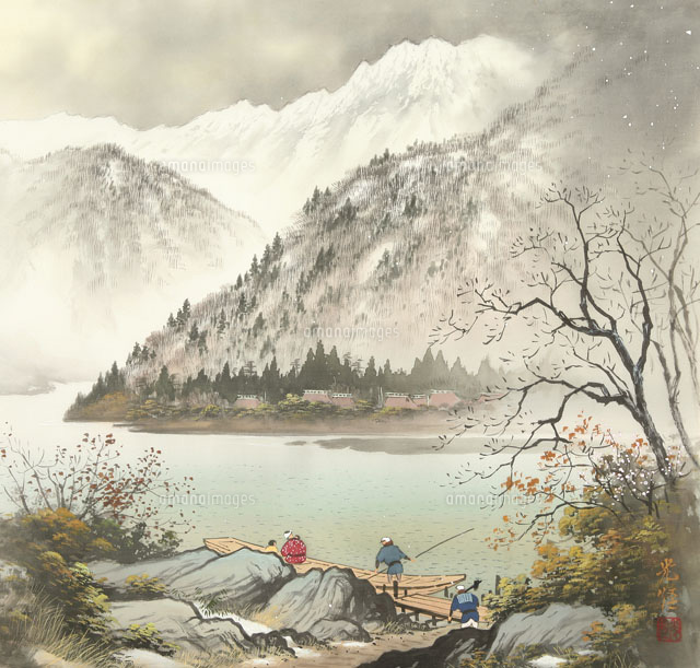 四季の山水画 早春の川と船頭 2月[02237011943]の写真・イラスト素材