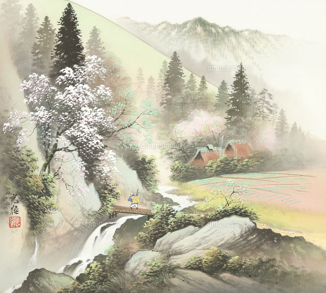 【真作】絵画　日本画　山水風景画　静寂の集落と山々の調和　自然美の表現　V18 真作】絵画 日本画 山水風景画 静寂の集落と山々の調和 自然美