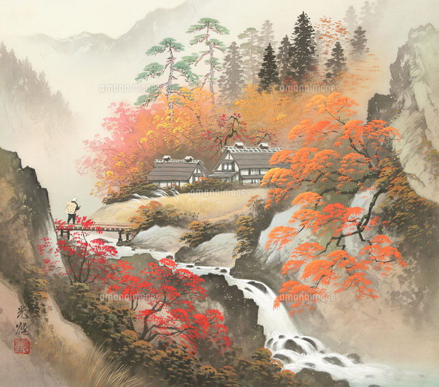 四季の山水画 紅葉に囲まれた家 10月[02237011963]の写真