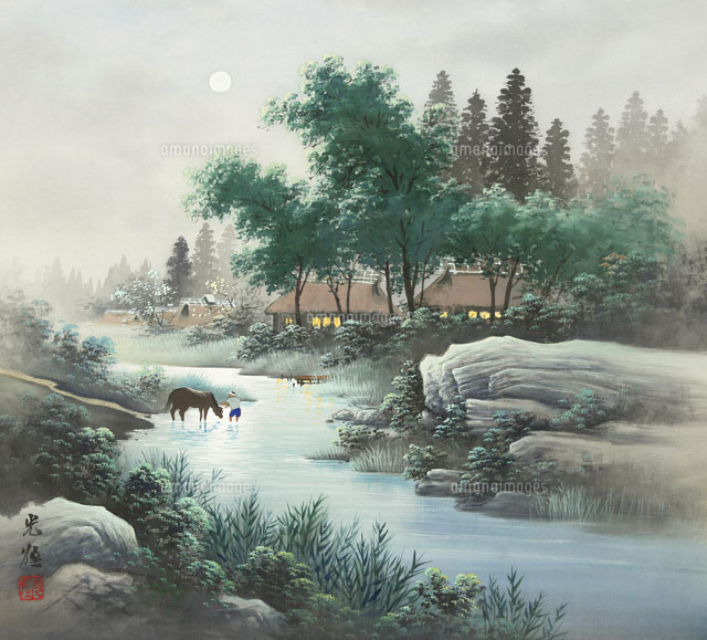 山の風景 水彩画　美馬牛 四季の山水画 月と馬を洗う人 9月[02237011974]の写真・イラスト素材
