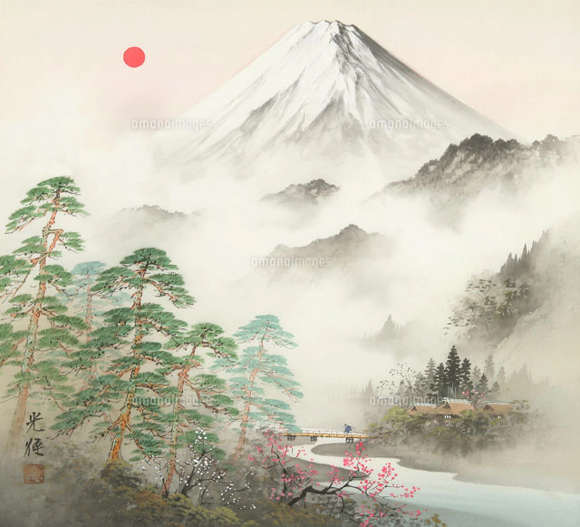 四季の山水画 山嶺と松林 7月[02237011829]の写真・イラスト素材