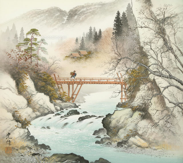 四季の山水画 早春の芝刈人 2月[02237011980]の写真・イラスト素材