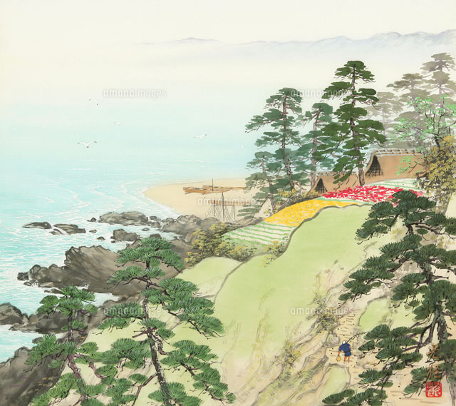水彩画 風景画 海と山の風景 四季の山水画 夏の海 8月[02237011986]の写真・イラスト素材｜アマナ