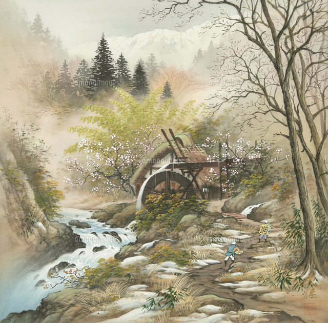 四季の山水画 梅と水車小屋 2月[02237011992]の写真・イラスト素材